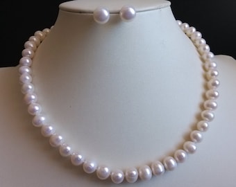 pearl set- genuine cultured 8-8.5mm white freshwater pearl necklace & earrings set