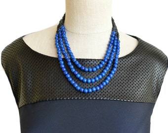 blue bead necklace / royal blue necklace / blue and black necklace / cobalt blue necklace / multi strand necklace / blue statement necklace