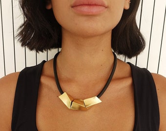 Black and gold statement necklace, Geometric  bib necklace