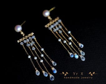 Rainbow Moonstone Earrings,Moonstone chandelier Earrings,White Freshwater Pearl Natural Moonstone Tassel Earring,14K Gold Filled Wire, Gift