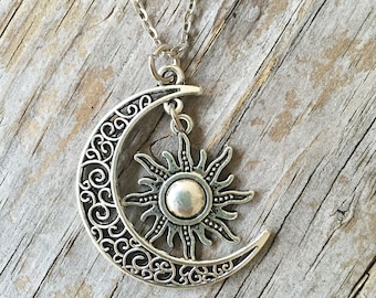 Crescent Moon Necklace/ Sun Necklace/ Moon Sun Necklace/ Sun Moon Necklace/ Celestial Necklace/ Sun Charm Necklace/ Lunar Moon