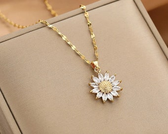 Sunflower Necklace, Flower Charm, Pendant with White Crystals on a Dainty Gold Plated Non Tarnish Chain, Delicate Gift for Women, Girls