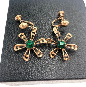 1950s Dangle Star Green Rhinestone Earrings | Elegant Gold Tone Clip Earrings | Excellent Condition