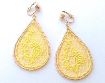 Large Fabulous Yellow Embroidered Gold Clip On Drop Earrings, Teardrop Design, Long Drop Gold Fashion Clip-on Earrings, Clip Earrings 712