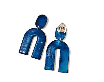 Blue Arch Clip On Earrings, Hand Painted Polymer Clay Earrings, Denim Blue Earrings, U Shaped Wishbone Drop Dangles, Handmade Jewelry Canada