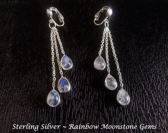 Clip On Sterling Silver Dangle Earrings with Rainbow Moonstone Gemstones on Fine Silver Chains, Artisan Crafted, One of a Kind, Earrings 795
