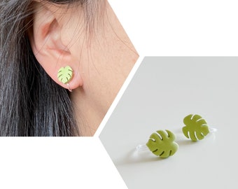CHOOSE Your Closure • Surgical Steel Post • Invisible Clip On • 10mm Pistachio Green Monstera Leaf Stud Earrings. Made with Polymer Clay