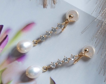 Mermaid Tears Clip-On Earrings, Pearl Long Non-Pierced Earrings, Long Pearl Earrings, Bridal Earrings, Classic, Elegant, Rustic Wedding