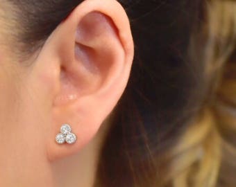 Triple Cubic Zirconia Studs | Tiny Studs | Tiny Earrings | Sterling Silver Stud Earrings