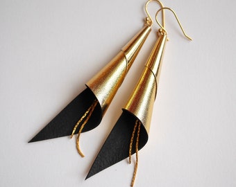 cone genuine leather earrings - gold plated jewelry - gold earrings - modern earrings - elegant earrings - geometric jewelry-pendant earring