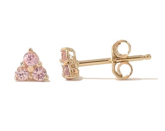 Pink Sapphire Triple Cluster 14K Solid Gold Stud Trinity Earrings (Mini Triangle Trio Real Light Pink Sapphires) Push or Screw Back Backings
