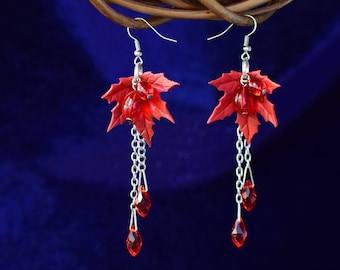 Earrings with Red Leaves, Handmade Jewelry with Weirwood Earrings, Fall Leaves, Red Berry, Chain Earrings, Will made to ORDER