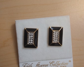 Vintage Fifth Avenue Pretty Woman Earrings Swarovski Crystals peirce black gold 14Kt.Post
