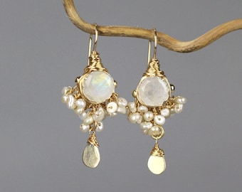 Wedding Jewelry, Gold Filled Moonstone Earrings, Pearl Wedding Jewelry, Bridal Earrings, Moonstone Jewelry, Statement Earrings