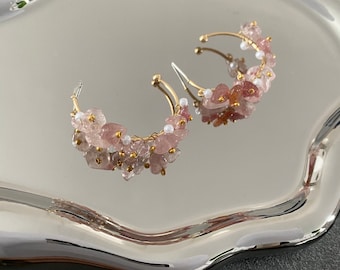 Pink Natural Crystal Earrings, Gold Plated, Spring, Perfect for Bridesmaids