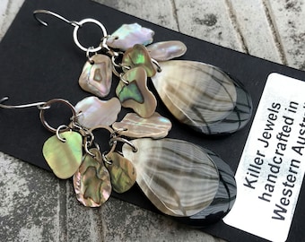 Paua Shell Cluster Earrings, Abalone Earrings, Iridescent Black Lip Mother of Pearl Natural Sea Shell Jewelry, Beach Gypsy Boho Style  Gift