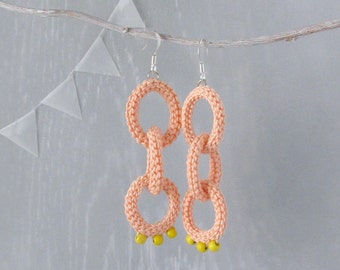 Earrings Chain Maille, Peach Salmon Dangle Earrings, handmade Fashion Jewelry, textile chain-like colorful ear decor, gift for fancy women