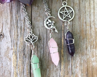 Crystal Fairy Necklace/ Wrapped Crystal Necklace/ Lotus Crystal Necklace/ Crystal Pentacle Necklace/ Wrapped Crystals/ Gemstone Necklace