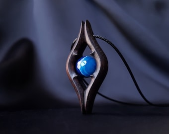 Focus. Unique handmade Blue Agate crystal and Macassar Ebony wood amulet. One of a kind spiritual talisman.