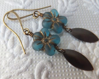 Czech Aqua Flower Forget Me Not Beads on Antique Bronze Nickel Free Earrings
