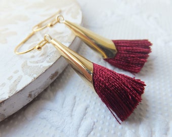 Wine Red and Gold Tassel Earrings - on nickel free gold plated ball end french earring hooks