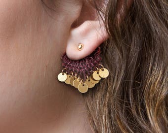 Front back earrings, ear jackets - ERTH - Gold coin earrings, silver available Lace double sided earrings crochet Gypsy India hindu bohemian