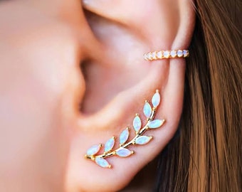 OPAL LEAF climber earrings • GIFT for her • gold rose silver earrings • bridal earrings