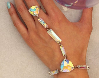 Xanadu Iridescent Crystal Ring Bracelet, Slave Bracelet, Crystal Bracelet Ring, Unique Jewelry, Statement Bracelet, Hand Chain