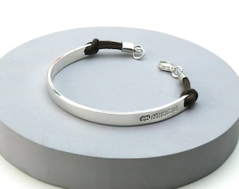 Mens Personalised Sterling Silver and Nubuck Leather ID Bracelet Bangle Mens Engraved Bangle Mens Engraved Bracelet