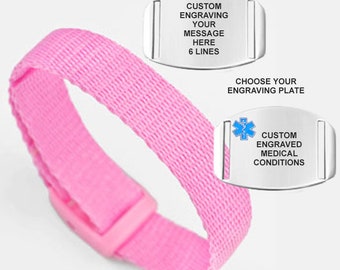 Pink Poly/Nylon Emergency or Medical Alert Wrist Band. Sizes to Fit Children and Adults. Includes Custom Engraving!