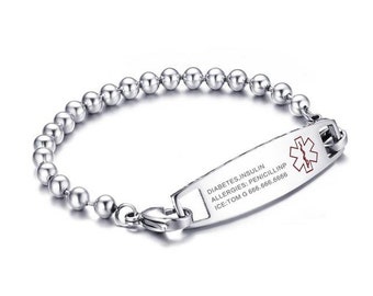 Unisex Medical Alert Chain Bracelet, Medical ID Emergency Chain Bracelet, High Polished Stainless Steel Free Engraving