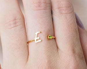Custom Initial Birthstone Ring - Personalized Bridesmaid Jewelry - Minimalist Letter Birthstone Jewelry - Monogram Ring - Gifts for Mom