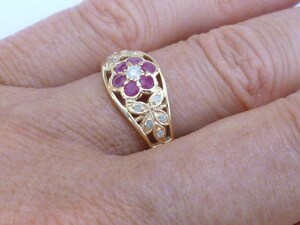 Vintage Ruby Flower Ring, 9ct 9k Yellow Gold Diamond Butterfly Ring, Antique Style, Womens Flower Ring, Also Avail in 14K 18K Custom R64