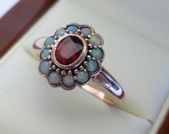 Rose Gold Garnet & Opal Ring, Vintage Opal Ring, Victorian Garnet Ring, 9ct 9k 14k 18ct 18k Platinum - Choose Your Gem - Custom R179
