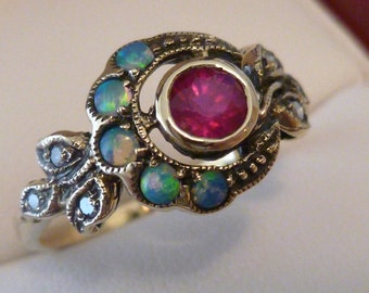 Vintage Ruby, Opal, Diamond Ring, 9ct 9k Yellow Gold Opal Ring, Antique Style Oxidised,  Womens Moon Ring, Victorian, R25, Custom Ring