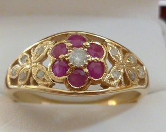 Vintage Ruby Flower Ring, 9ct 9k Yellow Gold Diamond Butterfly Ring, Antique Style, Womens Flower Ring, Also Avail in 14K 18K Custom R64