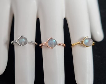 Black Moonstone Bead & Cubic Zirconia Ring / Adjustable Silver Ring Band / Plated Yellow Gold, Rose Gold, White Gold / Unique Gift