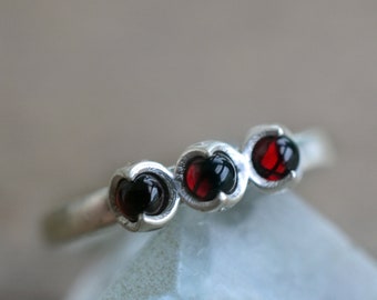 Triple Garnet Ring, Bezel Set Red Crystal Cabochon Trio, Women's Simple Recycled 925 Sterling Silver Multi Stone Jewellery