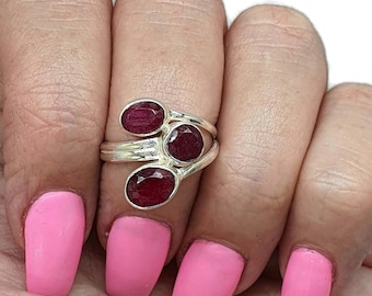 Ruby Ring, Size 7, Sterling Silver, Three Stone Ring, July Birthstone, Oval & Round Shaped, Energy Stone, Vitality Gemstone, Heart Stone