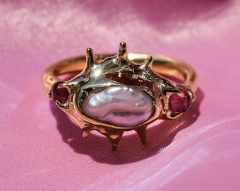 Raw irregular pearl and pink tourmaline ring in gold or silver tone