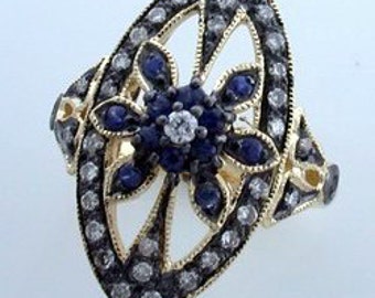 Antique Sapphire Ring, 9ct 9k Solid Gold Victorian Diamond Ring, Flower Vintage Ring - Also Avail in Various Gems + 14k 18k - Custom R59