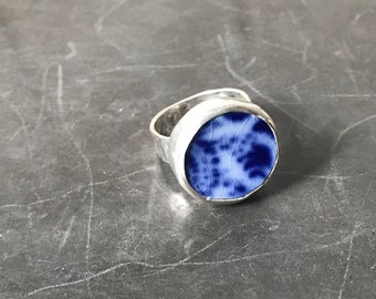 Blue & White Ceramic Ring set in a chunky Silver hammered ring   Size  L  or 5 3/4 for the dainty finger.