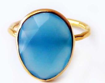 Faceted Semi-Precious Natural Blue Chalcedony GemStone 18ct Gold Plated Statement Ring - Size 7