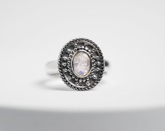 Moonstone in a Handmade Sterling Silver Bohemian Ring - Traditional Indian Rajasthan Ethnic Tribal Design - Mandala Style.
