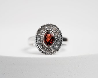 Natural Garnet in a Handmade Sterling Silver Bohemian Ring - Traditional Indian Rajasthan Ethnic Tribal Design - Mandala Style.