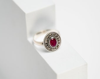 Natural Ruby in a Handmade Sterling Silver Bohemian Ring - Traditional Indian Rajasthan Ethnic Tribal Design - Mandala Style. Active