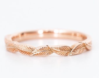 14k rose gold leaf wedding ring, rose gold ring, solid gold leaf ring, leaf engagement ring, flower wedding band, laurel leaf