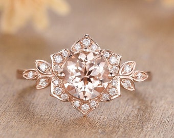 Antique Morganite Engagement Ring Rose Gold Flower Diamond Halo Floral Ring Round Cut Peachy Morganite Ring Bridal Vine Leaf Women Ring