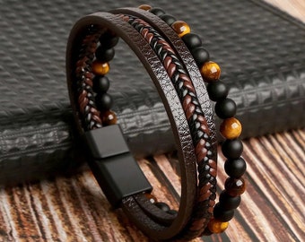 Men’s Genuine Leather Bracelet 4 Layer Set Wrap Braided Black Rope