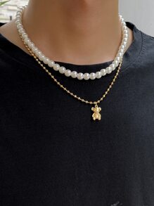 Men Bear Charm Faux Pearl Beaded Layered Necklace
